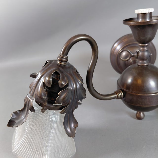 Metal Pair of Early 20th Century Art Nouveau Gas-Electric Wall Lights With Floral Motifs & Frosted Bell Shades For Sale - Image 7 of 8