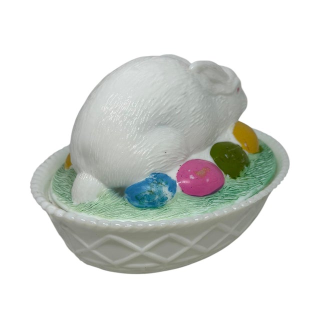 Vintage Milk Glass Easter Bunny Rabbit Covered Painted Candy Trinket Dish & Lid For Sale - Image 4 of 12