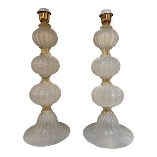 Murano Frosted Silk Glass Ball Form Lamps - A Pair For Sale