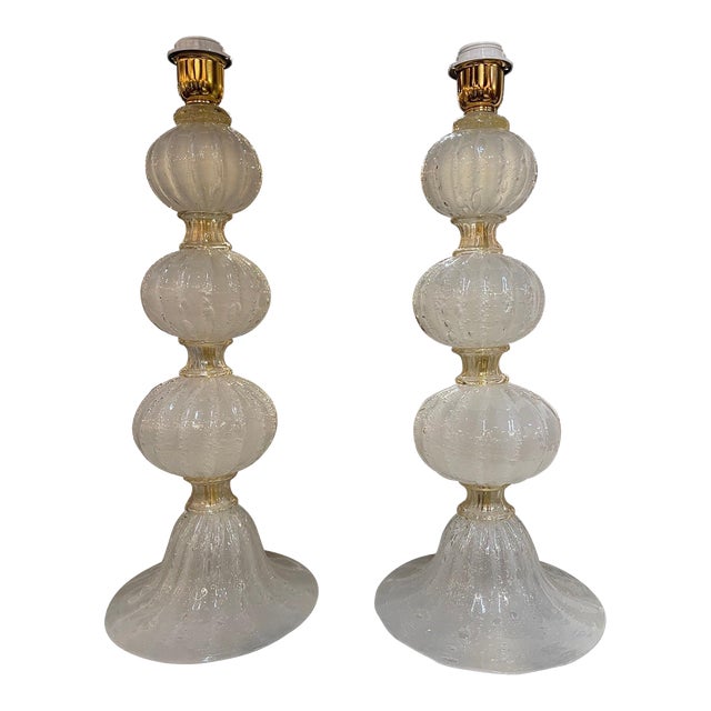 Murano Frosted Silk Glass Ball Form Lamps - A Pair For Sale