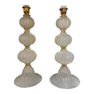 Murano Frosted Silk Glass Ball Form Lamps - A Pair