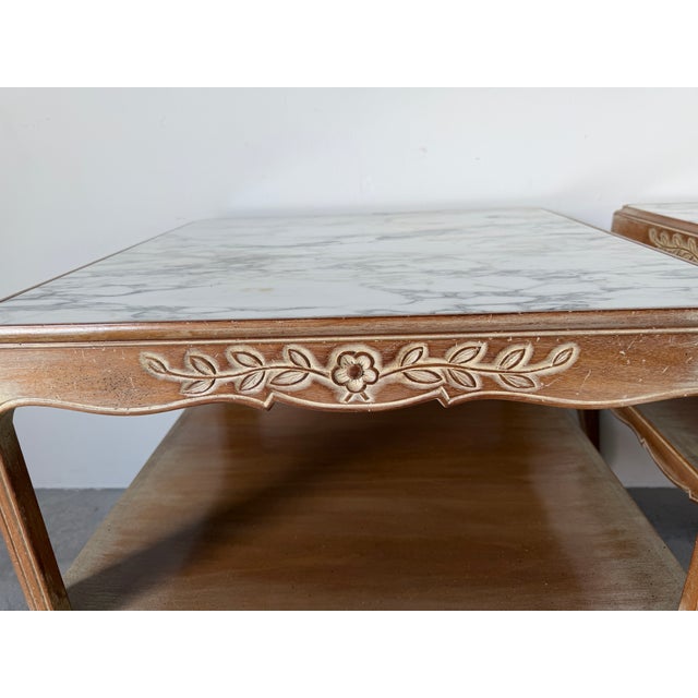 Vintage French Provincial Style Two Tier Marble Top End Tables – A Pair For Sale - Image 9 of 17