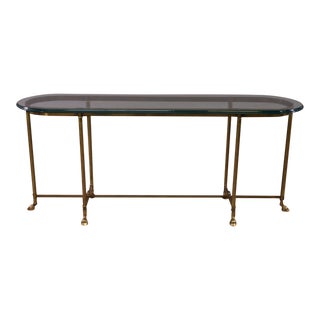 Hollywood Regency Hoof Footed Brass & Glass Console Table For Sale