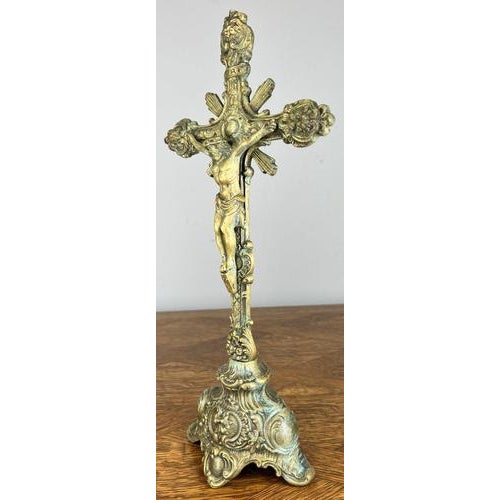 Vintage French Brass Religious Ornate Altar Cross For Sale - Image 4 of 13