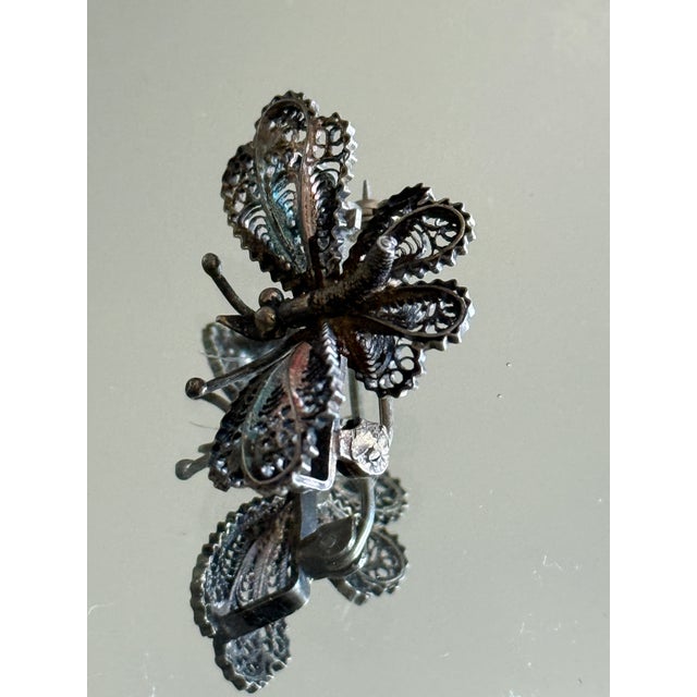 Victorian Mid Century Italian 800 Silver Filigree Butterfly Brooch For Sale - Image 3 of 15