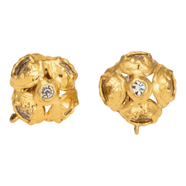 1990s 90s Chanel Crystal Earrings Large Cluster Clip On Yellow Tone Collection 29 - 2 Pieces For Sale
