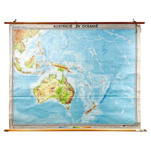 Mid-Century Dutch Topographical Wall Map of Australia and Oceania on Linen For Sale - Image 13 of 13