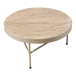Ferm Living Round Carrara Marble + White Metal Coffee Table/ Side Table For Sale