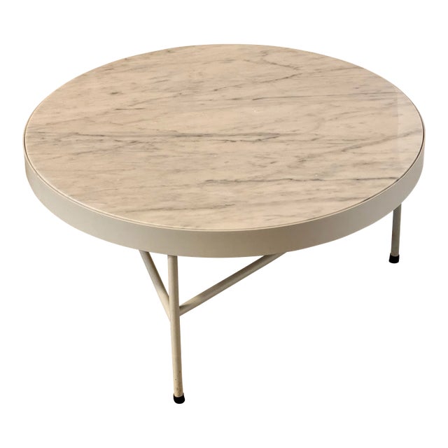 Ferm Living Round Carrara Marble + White Metal Coffee Table/ Side Table For Sale