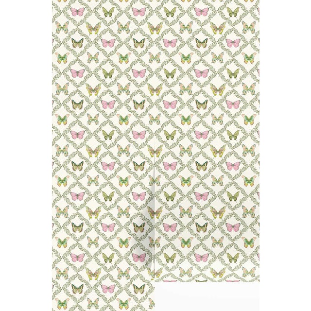 English Butterfly Trellis Pastel Grasscloth Wallpaper by House Party | 6 Yards For Sale - Image 3 of 8