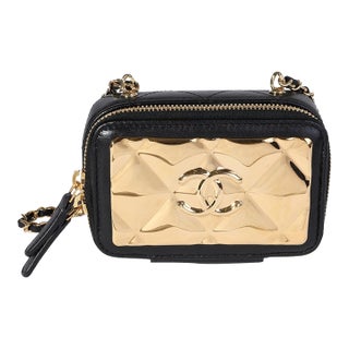Gold Quilted Metal & Black Lambskin Mini Vanity Bag For Sale