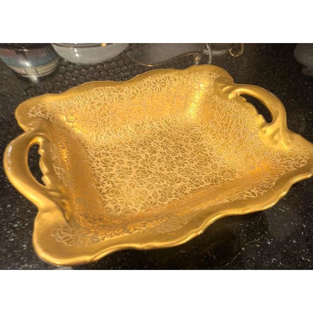 Metal Vintage Pickard Etched Gold Rose Chintz Handled Tray - Hollywood Regency For Sale - Image 7 of 12