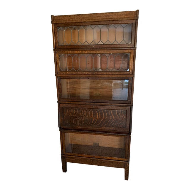 Antique Globe Wernicke Barrister Bookcase Quartersawn Oak W/ Drop Front Secretary Desk + Leaded Glass For Sale
