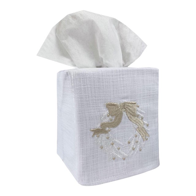 Christmas Wreath (Cream) Tissue Box Cover, Embroidered For Sale