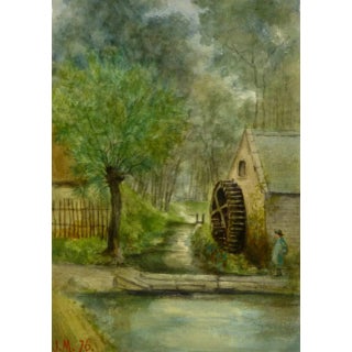 Antique Landscape Watercolor - Mill House Water Wheel For Sale