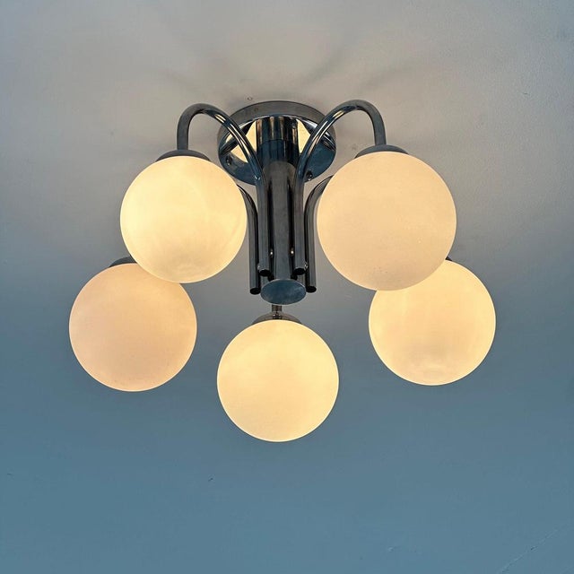 Chrome-Plated Atomic Sputnik Chandelier with White Glass Balls, 1970s For Sale - Image 6 of 11