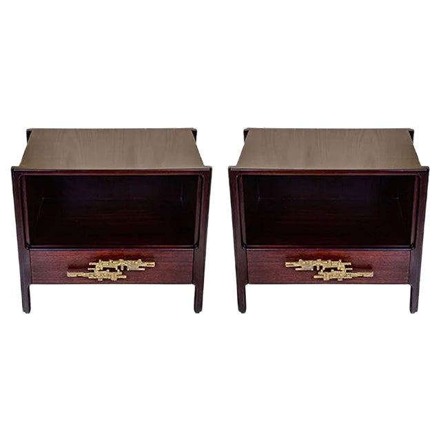 Vintage Brass & Rosewood Nightstands, Set of 2 For Sale