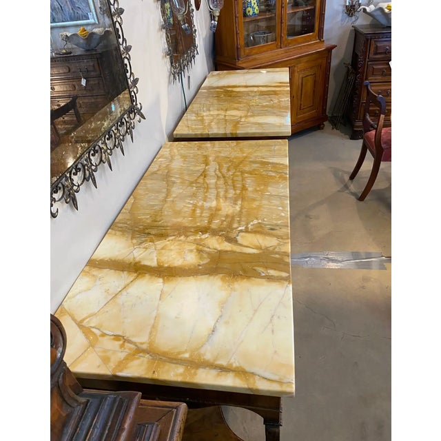 Onyx Pair of 19th Century Continental Inlaid Walnut Consoles With Yellow Onyx Tops For Sale - Image 8 of 15