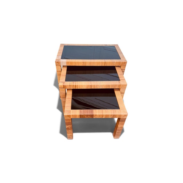 Modern Bielecky Brothers Set of Three Rattan Nesting Tables For Sale - Image 3 of 7