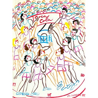 Malcah Zeldis, Malcah Zeldis Folk Art Gouache Painting Sports Basketball Arena Coca Cola Sign, 1988 For Sale