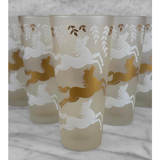 Mid-Century Hollywood Regency Frosted Glass Galloping Horse Tumblers - Set of 6 For Sale - Image 6 of 8