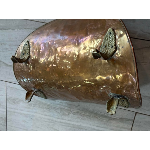 Mid 20th Century Vintage Copper and Brass Firewood or Magazines Holder Measures 14 5/8”Width X 21 1/4”Long 17” High Footed For Sale - Image 5 of 12