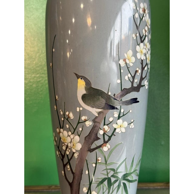 Japanese Ando Japanese Cloisonne Enamel Vase Bird Plum Blossoms Bamboo Silver Gray Ground For Sale - Image 3 of 12
