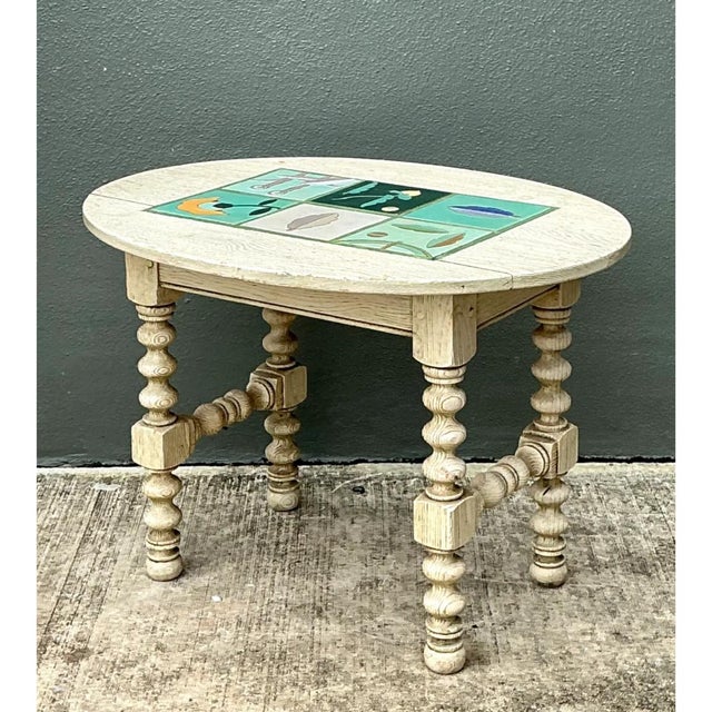 Vintage Turned Wood Table With Ceramic Top For Sale - Image 4 of 12