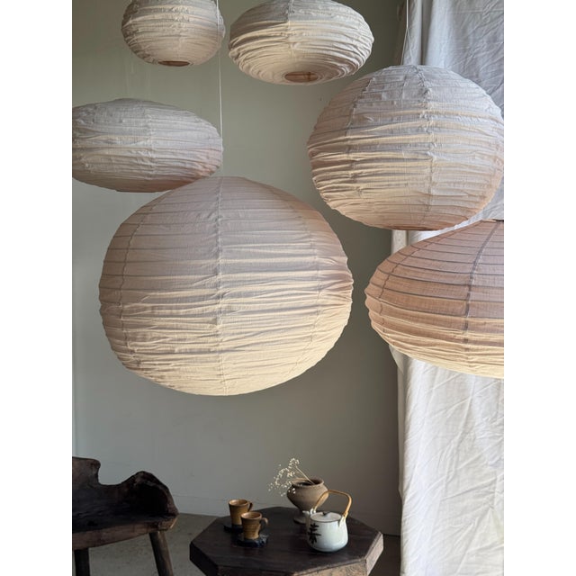 Beige Japanese-Style Round Pink Rattan and Natural Linen Pendant Light For Sale - Image 8 of 18