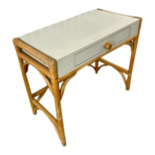1970s Rattan and Off White Laminate Floating Petite Desk Single Drawer For Sale