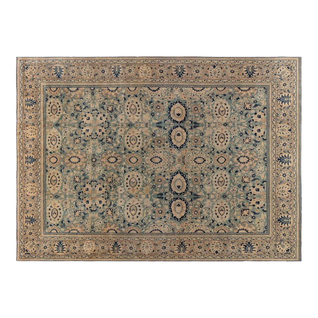 Antique Beige, Blue Botanic Persian Tabriz Handmade Wool Rug For Sale