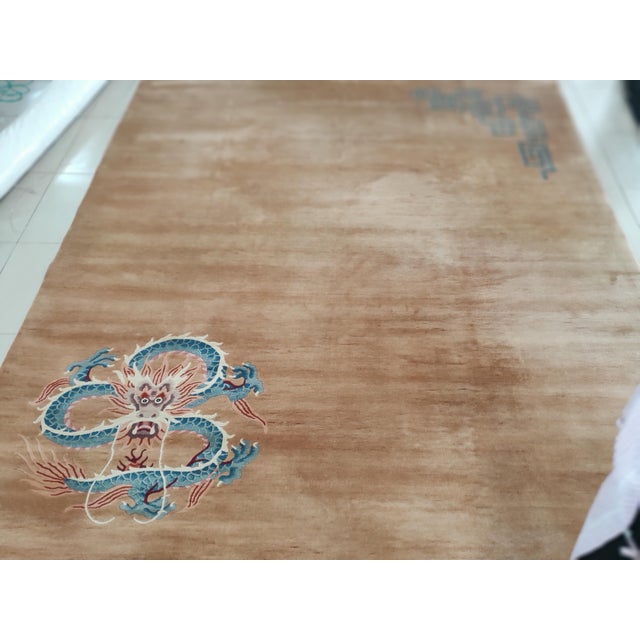 Art Deco 1920s Tan Sand Minimalist Dragon Antitque Chinese Art Deco Rug 9'x 12' Handknotted Wool Carpet For Sale - Image 3 of 6