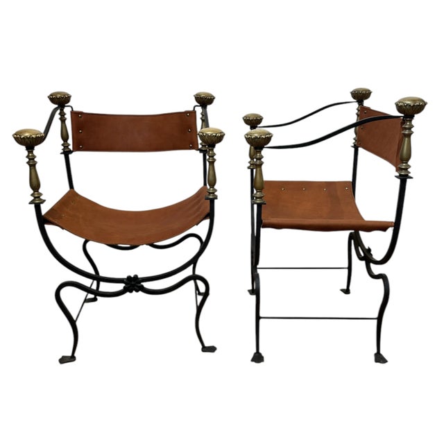 Italian Pair of Italian Iron and Brass Savonarola Chairs, Circa 1920s For Sale - Image 3 of 10