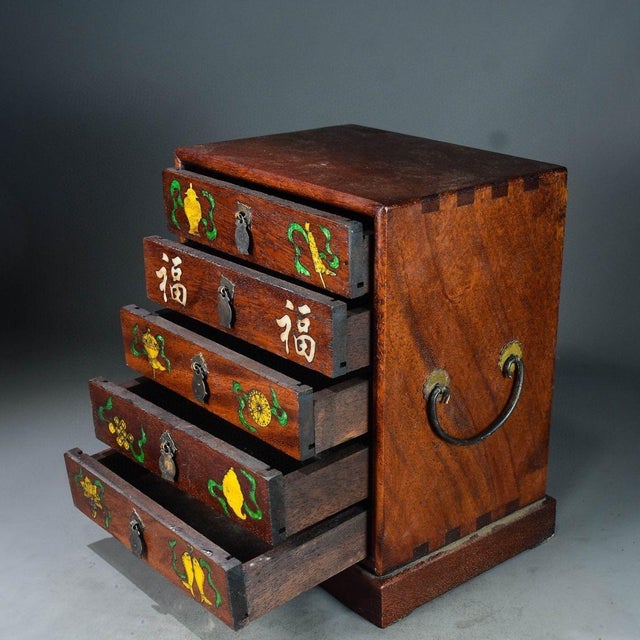 Art Deco Vintage Rosewood 5-Drawer Chest With Mother-of-Pearl Eight Treasures Inlay For Sale - Image 3 of 9