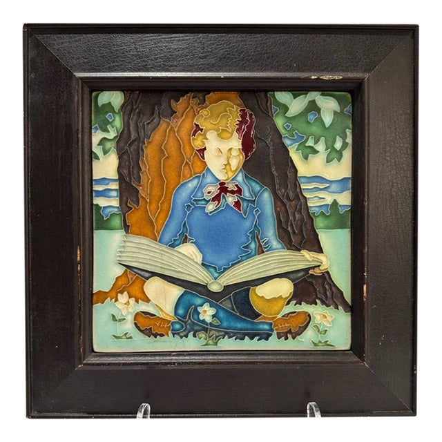 1920s Motawi Tileworks Boy Reading Large 8" Tile Arts and Crafts For Sale