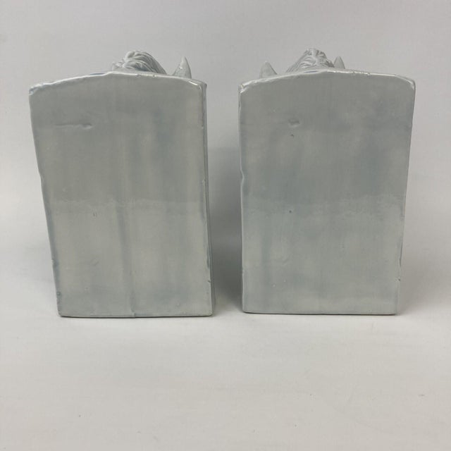 Traditional VTG Set 2 Mid Century Ceramic Horse Head Bookends Pale Blue White Glazed 8.5" For Sale - Image 3 of 11