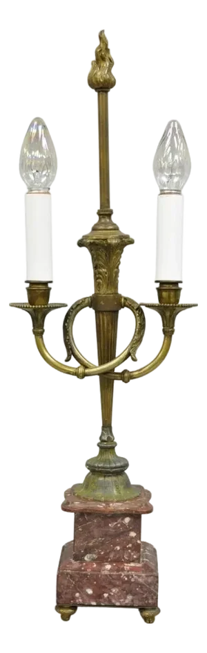 Antique French Neoclassical Bronze Torch & Trumpet Arm Marble Base Table Lamp