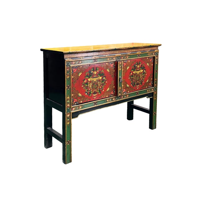 Asian Asian Tibetan Style Floral Graphic Red Green Yellow Console Credenza Table For Sale - Image 3 of 11