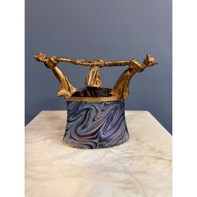 Loetz Art Nouveau Iridescent Glass Vase With Gilt Figural Rim Austria Circa 1895 For Sale - Image 4 of 11