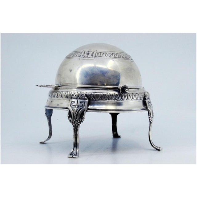 Metal Silver Butter Dish with Glass Core and Case Engravings with Raised Embossed Crown Feet For Sale - Image 7 of 9