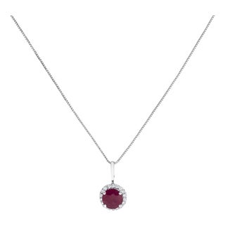 10K White Gold Red Ruby and 1/10 Cttw Diamond Accent Halo Pendant Necklace For Sale