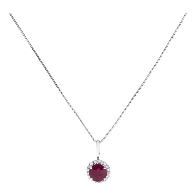 10K White Gold Red Ruby and 1/10 Cttw Diamond Accent Halo Pendant Necklace For Sale