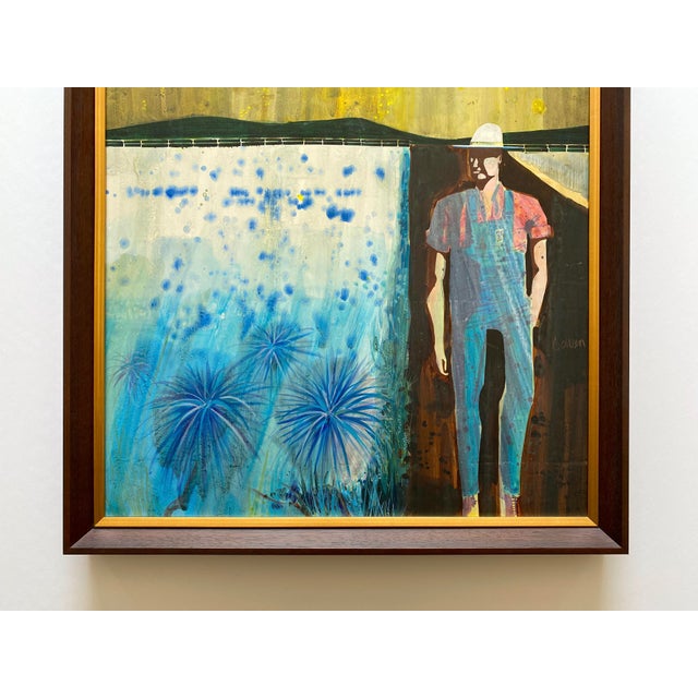 Mid-Century Modern Paul Bowen Vintage 1990's Provincetown Modernist " Untitled Blue Trees " Original Signed Framed Mixed Media Painting For Sale - Image 3 of 18