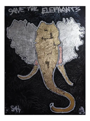 "Save The Elephants" Contemporary Mixed-Media Painting by Sax Berlin