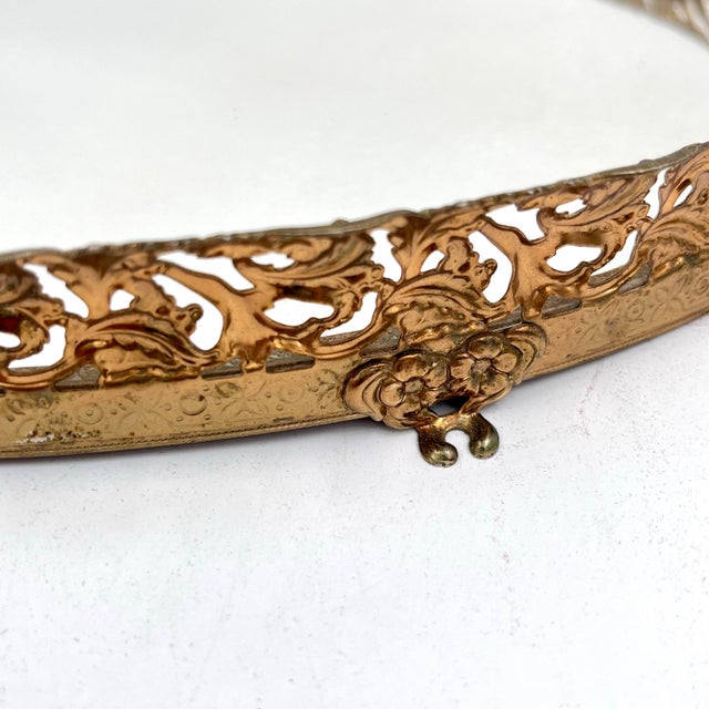 Gold Vintage Hollywood Regency Gold Ormolu Filigree Mirrored Long Oval Tray For Sale - Image 8 of 13