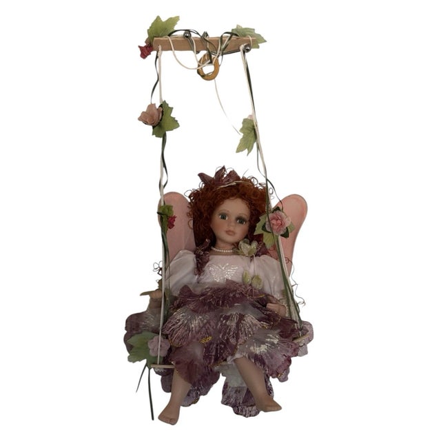 Traditional Cathay Porcelain Doll on Swing - Red Curly Hair & Green Eyes - 16" For Sale - Image 3 of 7