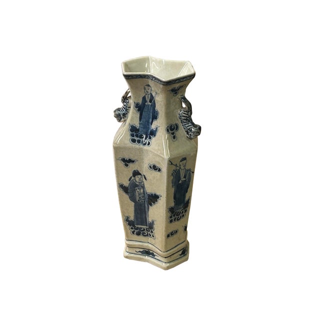 Vintage Rhombus Shape Blue White Eight Immortal Graphic Porcelain Vase For Sale - Image 10 of 18