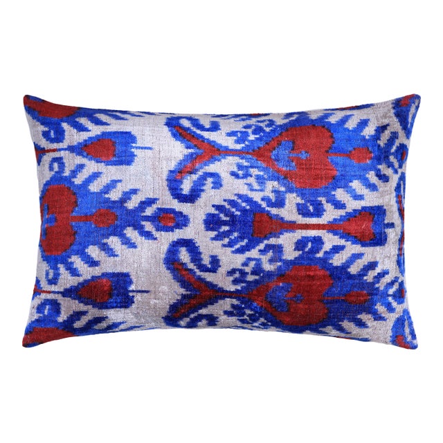 Blue Red Ikat Velvet Lumbar Pillow 16x24 | Handmade Luxury Accent For Sale