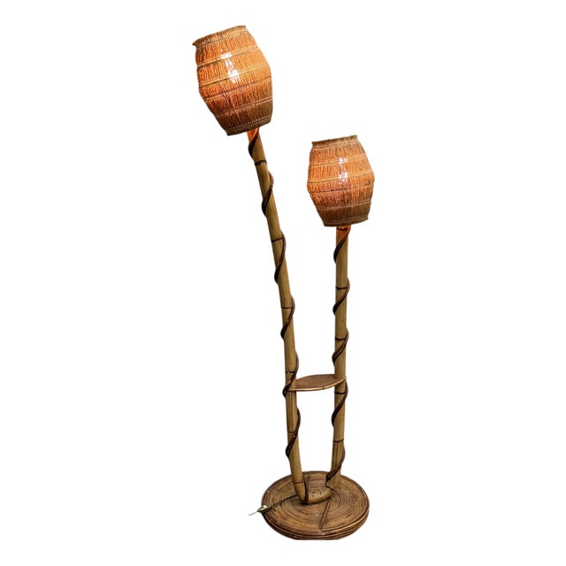 Rattan and Wicker Floor Lamp from Louis Sognot, France, 1960s For Sale
