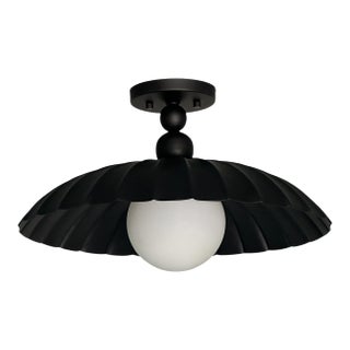 Modern Black Flush Mount Ceiling Light With Sculpted Shade and Milk Glass Globe For Sale